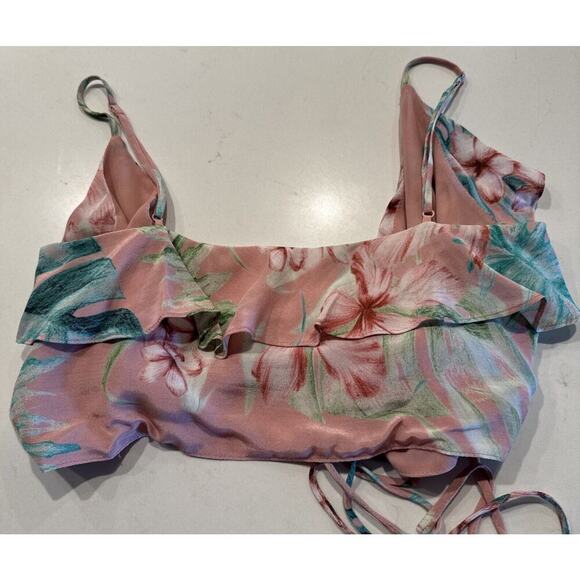 Privacy Please Women’s Size Small Hawaiin Print Wrap Crop Top Ruffle Tropical - Picture 4 of 5